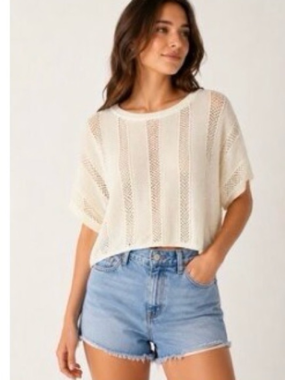 NEW Frye CREAM IVORY Pointelle Short Sleeve Boxy Oversized Crop Sweater SZ M